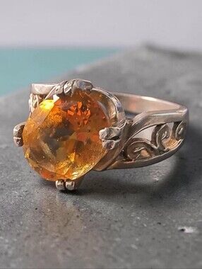 Citrine Gemstone And Sterling Silver Solitaire Ring With Openwork Scroll Detail